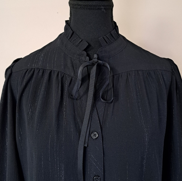 DKNY Women's Lurex Blouse Black Long Sleeve Ruffle Top Medium NWOT - Picture 5 of 12